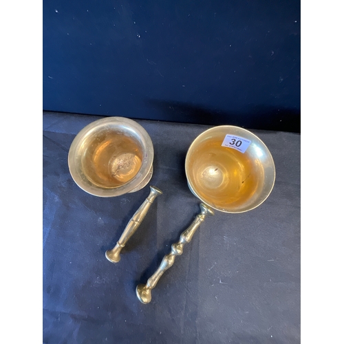 30 - TWO HEAVY BRASS MORTAR AND PESTLES