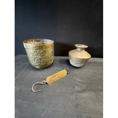 57 - BRASS BALANCE SPRING SCALE,  HAND BEATEN PLANTER AND A BRASS URN H8” DIA8”