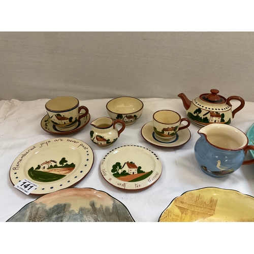 141 - QTY OF TORQUAY WARE, 2 DICKENS SERIES ROYAL DOULTON BOWLS AND 2 LEAF DISHES