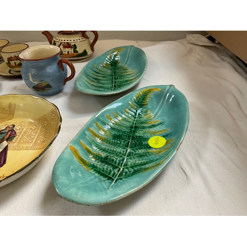 141 - QTY OF TORQUAY WARE, 2 DICKENS SERIES ROYAL DOULTON BOWLS AND 2 LEAF DISHES