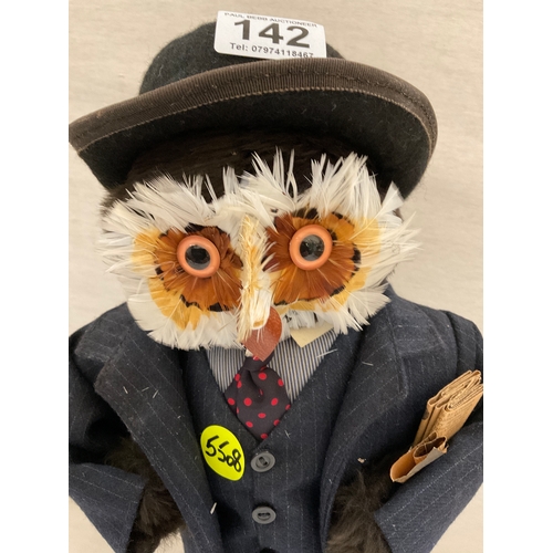 142 - MODEL OF A OWL DRESSED IN 3 PIECE SUIT AND TOP HAT H19”