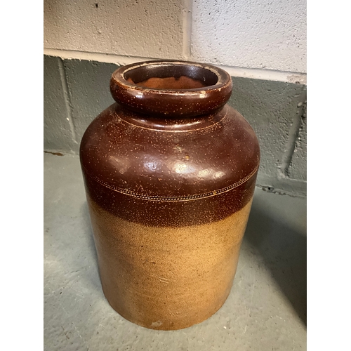 64 - VINTAGE METAL TRUNK AND CONTENTS TO INCLUDE STONEWARE POTS, TRUNK MEASURES H16”W27”D19”