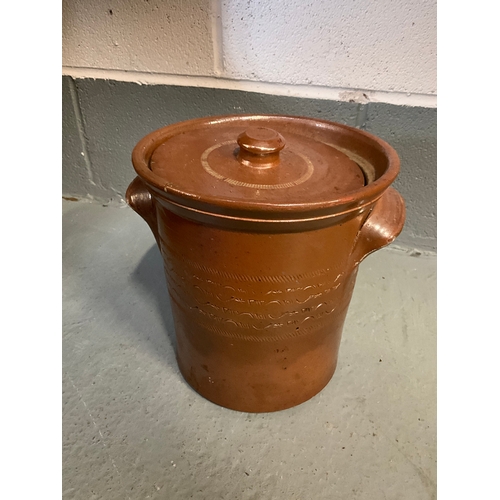 64 - VINTAGE METAL TRUNK AND CONTENTS TO INCLUDE STONEWARE POTS, TRUNK MEASURES H16”W27”D19”