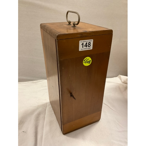 148 - NEGRETTI & ZAMBRA 353 MICROSCOPE AND SLIDES ETC IN ORIGINAL MAHOGANY CARRYING BOX WITH HANDLE AND KE... 