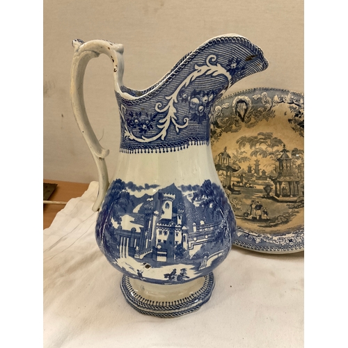 163 - VICTORIAN BLUE AND WHITE WATER JUG,WASH BOWL AND MATCHING JUG AND BOWL DECORATED WITH BIRDS