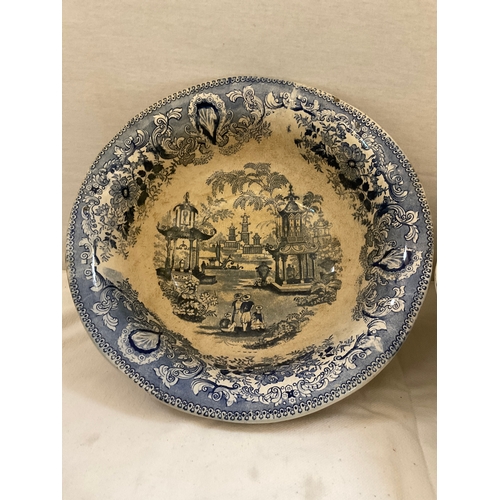 163 - VICTORIAN BLUE AND WHITE WATER JUG,WASH BOWL AND MATCHING JUG AND BOWL DECORATED WITH BIRDS