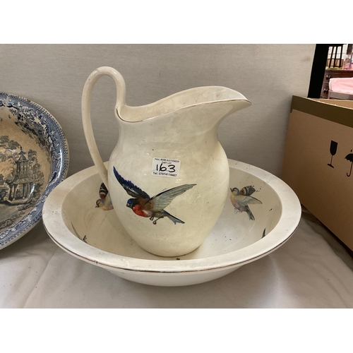 163 - VICTORIAN BLUE AND WHITE WATER JUG,WASH BOWL AND MATCHING JUG AND BOWL DECORATED WITH BIRDS