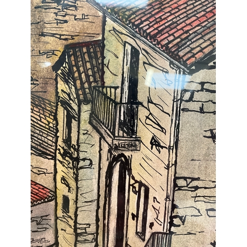 97 - FRAMED PEN AND WASH STREET SCENE BY A D AMBROGIO 20”X26”