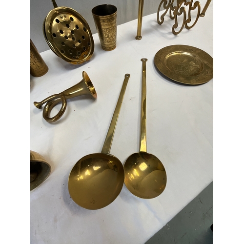 102 - COLLECTION OF BRASS TO INCLUDE FIRE DOGS,CHESTNUT ROASTER, BELL ETC