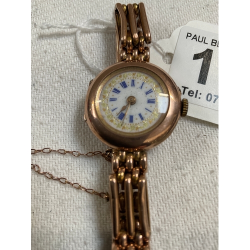 178 - VINTAGE LADIES 9ct GOLD CASED WATCH WITH STRAP AND SAFETY CHAIN TOTAL WEIGHT 20G - STRAP TESTS GOLD