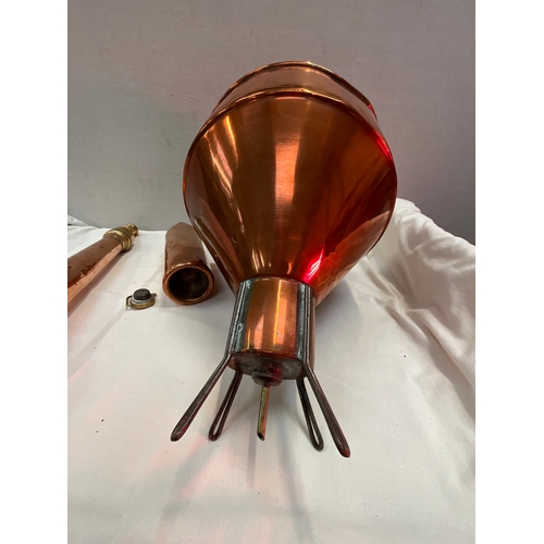 106 - COPPER ITEMS TO INCLUDE VICTORIAN FIRE HOSE, VICTORIAN FUNNEL SIEVE, COPPER BOTTLE