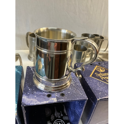 110 - BOX OF PEWTER TANKARDS STAINLESS STEEL TEAPOTS ETC