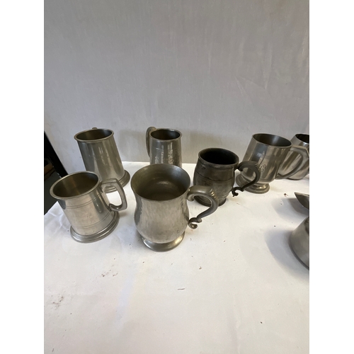 110 - BOX OF PEWTER TANKARDS STAINLESS STEEL TEAPOTS ETC