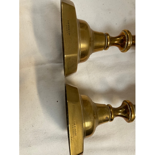 189 - LARGE PAIR OF VICTORIAN BRASS KING OF DIAMONDS CANDLESTICKS H12” AND A SMALLER PAIR OF VICTORIAN BRA... 