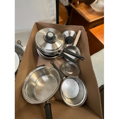 119 - ASSORTMENT OF PANS, KITCHEN PEDAL BIN, VINTAGE COFFEE PERCULATER ETC