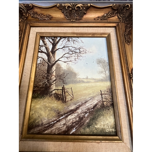 122 - FRAMED PAINTINGS AND PRINTS TWO OILS ON BOARD COUNTRY SCENES SIGNED NICHOLAS LEWIS TWO PARIS SCENE B... 