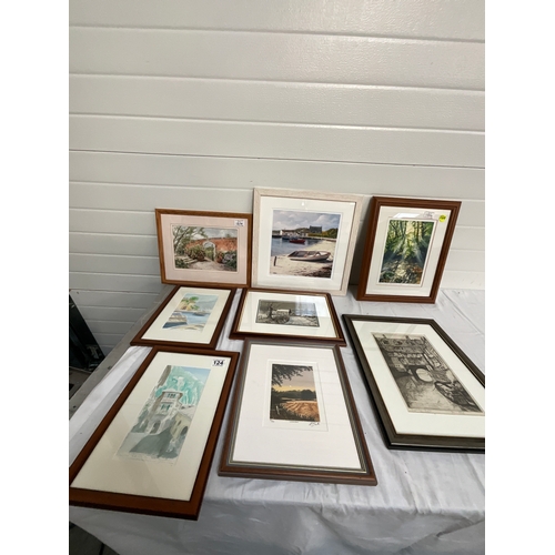 124 - EIGHT FRAMED PICTURES TO INCLUDE WATERCOLOURS AND SIGNED PRINTS LARGEST 16”X16”