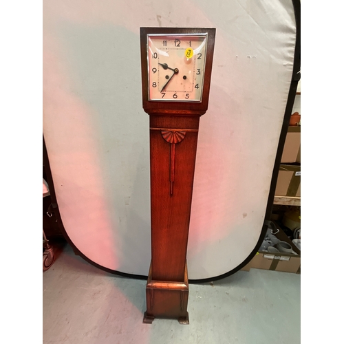 129 - ART DECO OAK CASED GRANDMOTHER CLOCK H56”W9”D7.5