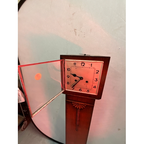 129 - ART DECO OAK CASED GRANDMOTHER CLOCK H56”W9”D7.5