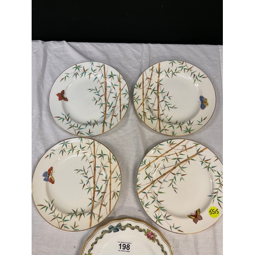 198 - 4 VICTORIAN MINTON PLATES DECORATED WITH BAMBOO AND BUTTERFLIES, 3 VICTORIAN ROYAL WORCESTER PLATES