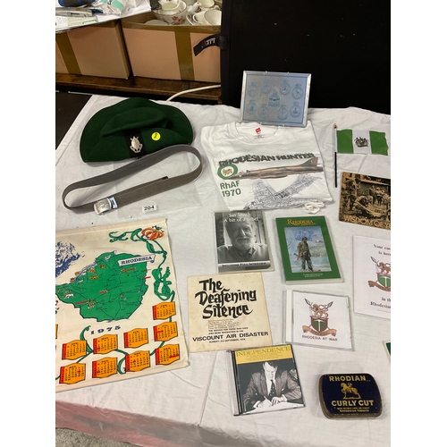 204 - QTY OF RHODESIAN EPHEMERA, MILITARY HAT, BELT WITH BUCKLE, FLAGS ETC