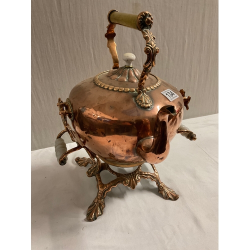 134 - EARLY VICTORIAN ORNATE COPPER SPIRIT KETTLE ON STAND