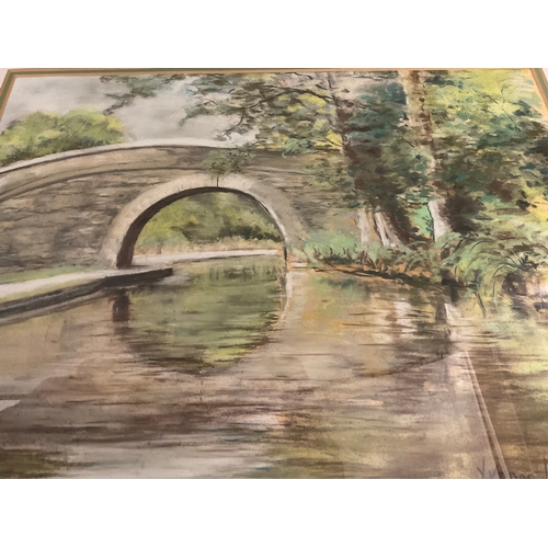 139 - MODERN FRAMED PASTEL PICTURE- LLANGOLLEN CANAL SIGNED YVONNE DIXON (WOOD) 23” X 20”