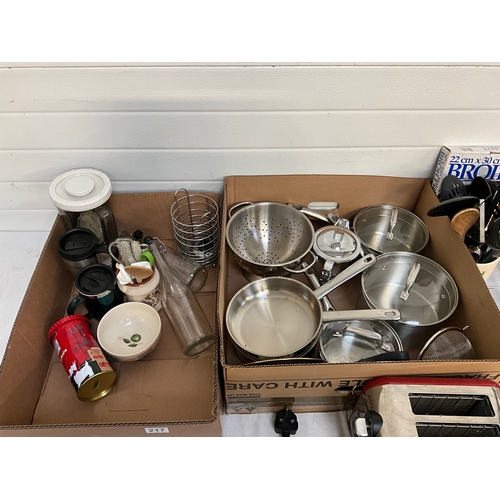 217 - 3 BOXES OF KITCHENWARE TO INCLUDE SAUCEPANS, PYREX, UTENSILS ETC