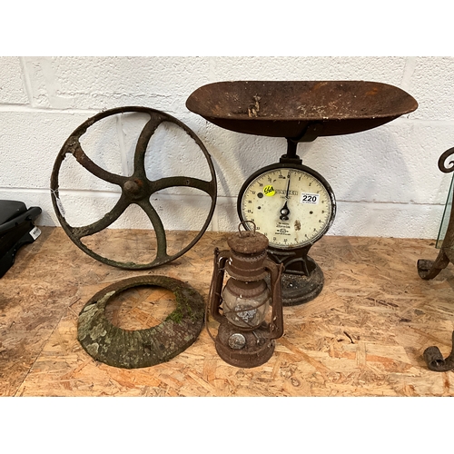 220 - VINTAGE CAST WHEEL,SALTER SCALES ETC