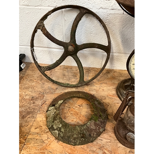 220 - VINTAGE CAST WHEEL,SALTER SCALES ETC