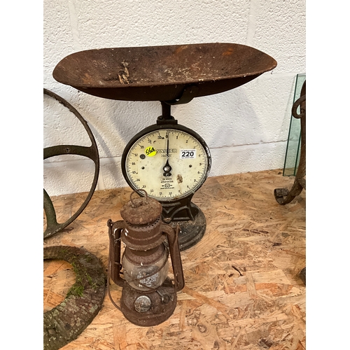 220 - VINTAGE CAST WHEEL,SALTER SCALES ETC