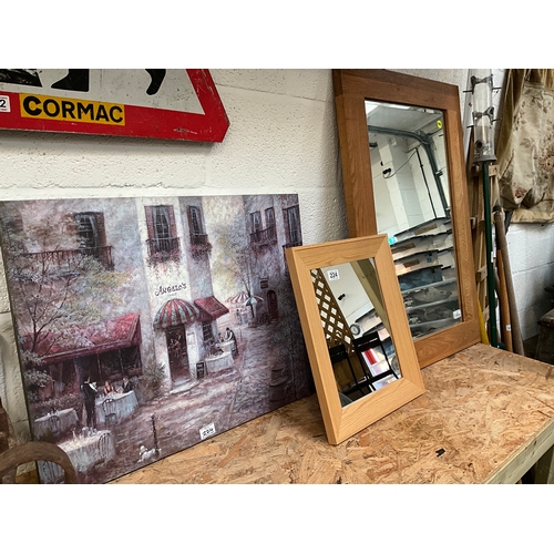 224 - LARGE MODERN FRAMED OAK MIRROR 36”x 24” SMALL OAK FRAMED MIRROR 18” x 15” AND A COLOUR PRINT 22” x 2... 