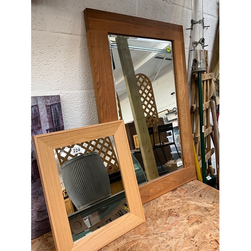 224 - LARGE MODERN FRAMED OAK MIRROR 36”x 24” SMALL OAK FRAMED MIRROR 18” x 15” AND A COLOUR PRINT 22” x 2... 