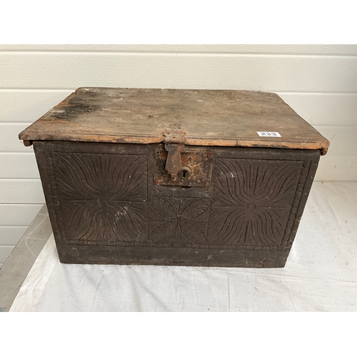 233 - EARLY OAK SILVER CHEST WITH CARVING TO FRONT A/F H12”W21”D15”