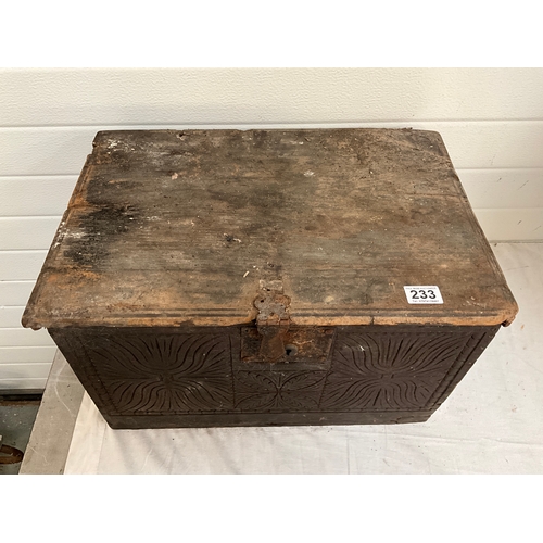 233 - EARLY OAK SILVER CHEST WITH CARVING TO FRONT A/F H12”W21”D15”