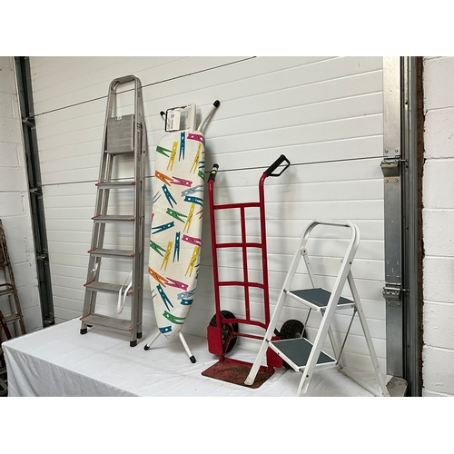 237 - SACK TROLLEY, 2 FOLDING STEP LADDERS AND IRONING BOARD