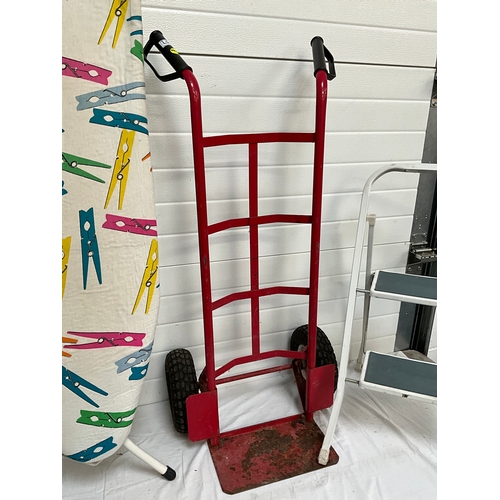 237 - SACK TROLLEY, 2 FOLDING STEP LADDERS AND IRONING BOARD