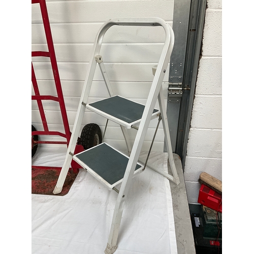 237 - SACK TROLLEY, 2 FOLDING STEP LADDERS AND IRONING BOARD