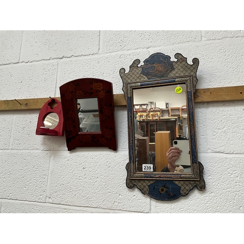 239 - 3 SMALL DECORATIVE WALL MIRRORS 
LARGEST 22” x 12”