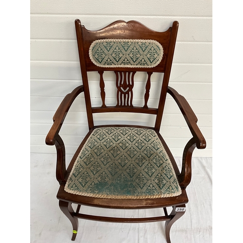 250 - EDWARDIAN MAHOGANY INLAID ARMCHAIR WITH UPHOLSTERED SEAT AND BACK