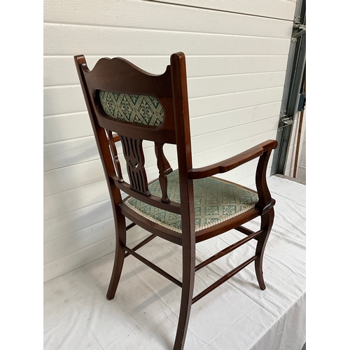 250 - EDWARDIAN MAHOGANY INLAID ARMCHAIR WITH UPHOLSTERED SEAT AND BACK