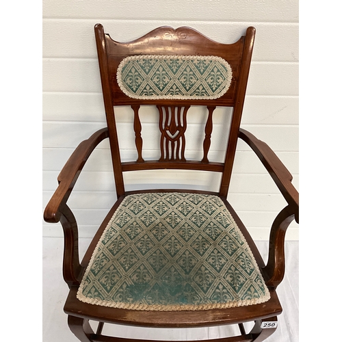 250 - EDWARDIAN MAHOGANY INLAID ARMCHAIR WITH UPHOLSTERED SEAT AND BACK