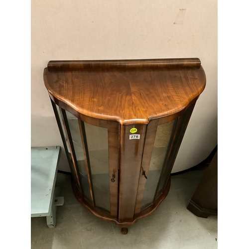 278 - VINTAGE WALNUT VENEERED BOW FRONT DISPLAY CABINET WITH KEY ON CABRIOLE FEET H44”W29”D15”