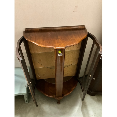 278 - VINTAGE WALNUT VENEERED BOW FRONT DISPLAY CABINET WITH KEY ON CABRIOLE FEET H44”W29”D15”