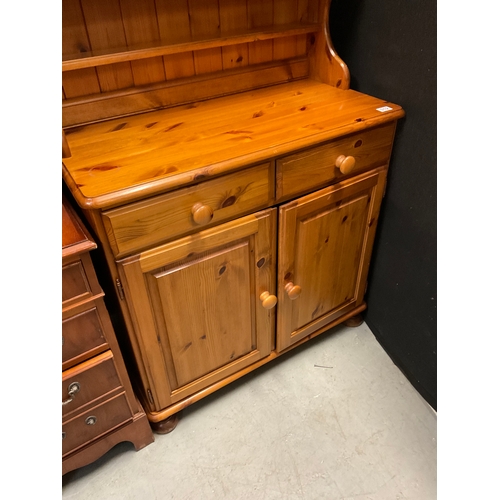 312 - MODERN PINE  DUCAL KITCHEN DRESSER WITH OPEN SHELVED RACK, BASE WITH 2 DRAWERS OVER 2 DOORS H76”W36”... 