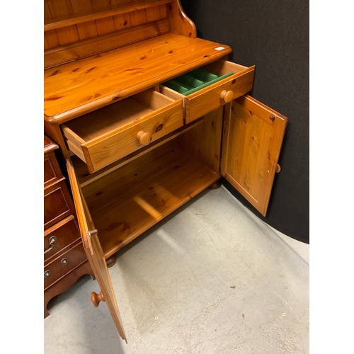 312 - MODERN PINE  DUCAL KITCHEN DRESSER WITH OPEN SHELVED RACK, BASE WITH 2 DRAWERS OVER 2 DOORS H76”W36”... 