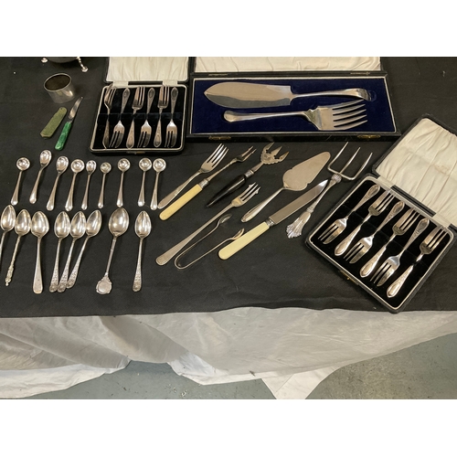 319 - BOX OF SILVER PLATED CUTLERY TO INCLUDE CASED SETS , MAPPIN AND WEBB ETC