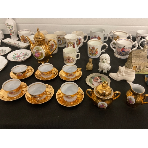 324 - BOX OF CHINA TO INCLUDE GOLD LUSTRE TEA SET, AYNSLEY, COMMERATIVE TANKARDS ETC