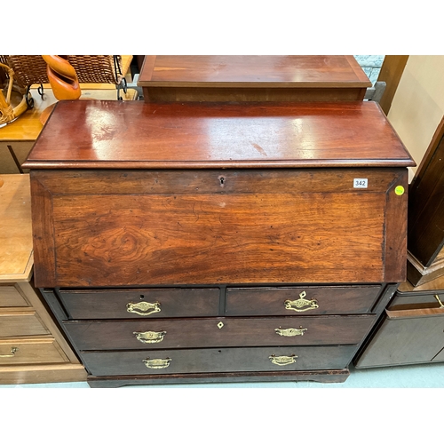 342 - GEORGIAN MAHOGANY BUREAU WITH FITTED INTERIOR AND 4 DRAWERS TO BASE A/F H41”W43”D22”