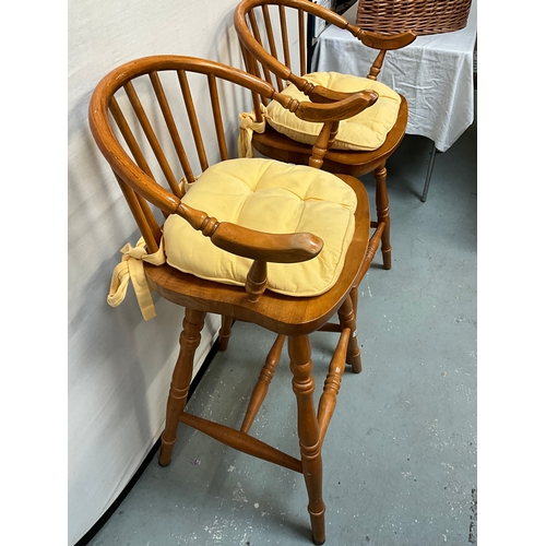 345 - PAIR OF MODERN BEECH KITCHEN HIGH STOOLS WITH CUSHIONS H38”